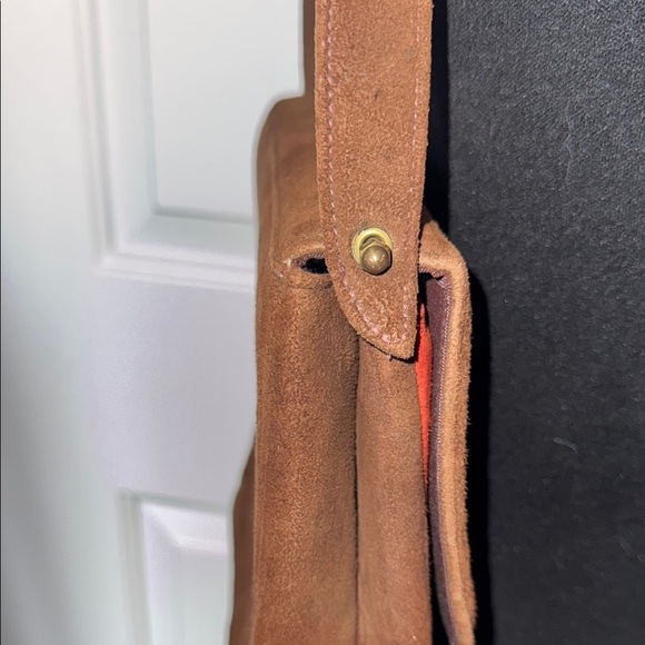 Vintage Brown and Red Suede Shoulder Bag w/ unique scalloped flap & snap button - Picture 7 of 10